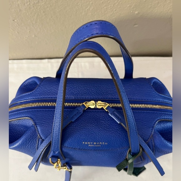 Tory Burch Perry Pebbled Leather Satchel Blue Green Gold Hardware - Picture 9 of 15